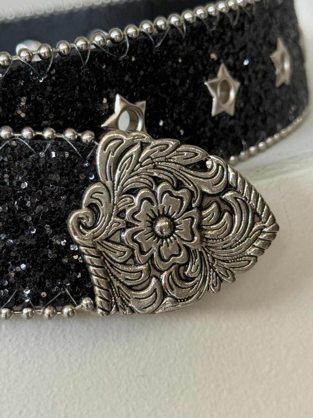 Black Glitter Western Belt Silver Floral Buckle Star Studs Y2K - Picture 4 of 7